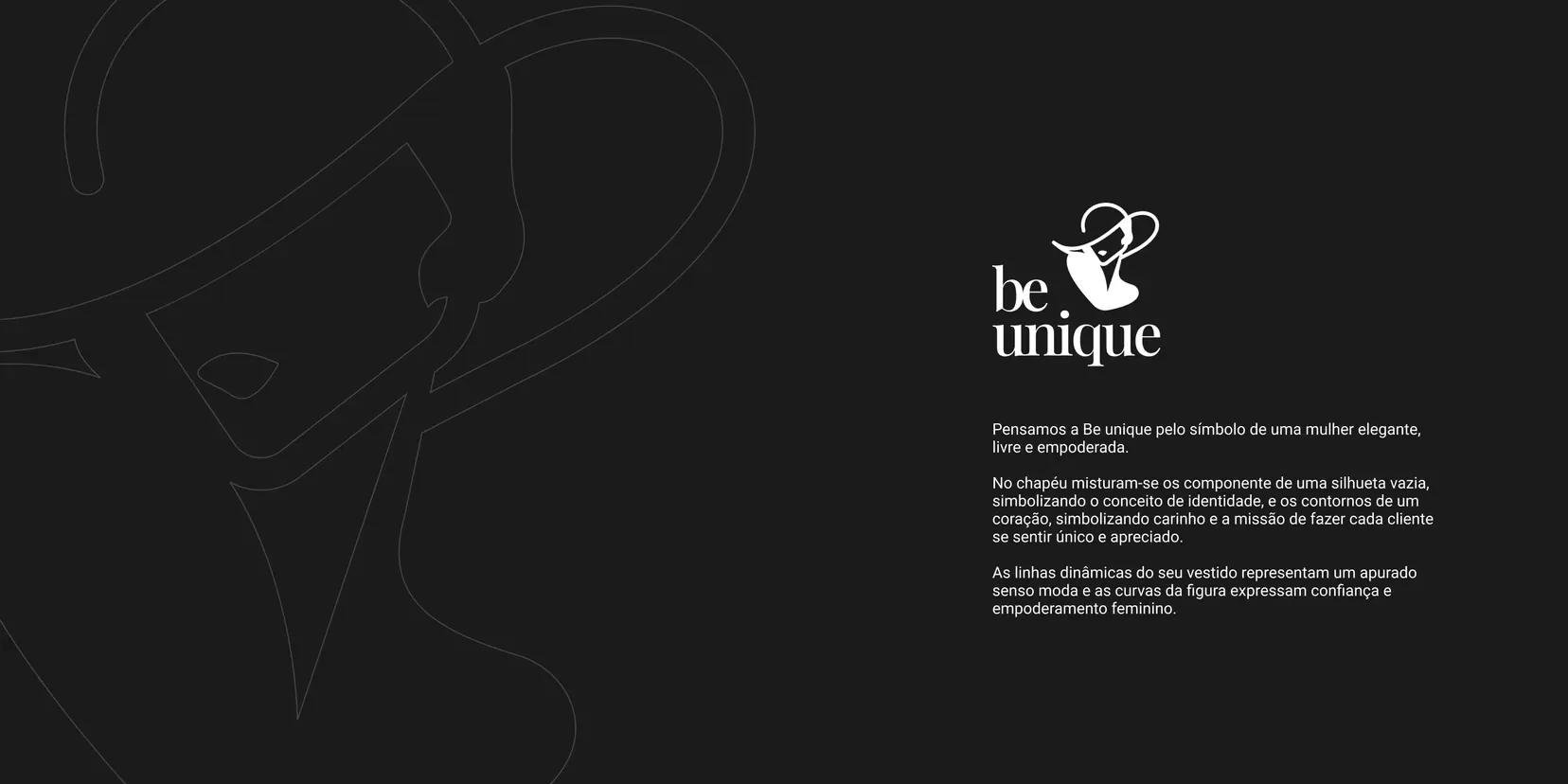 The Be Unique mark on black, beside the rationale for the hat, the figure and the heart.