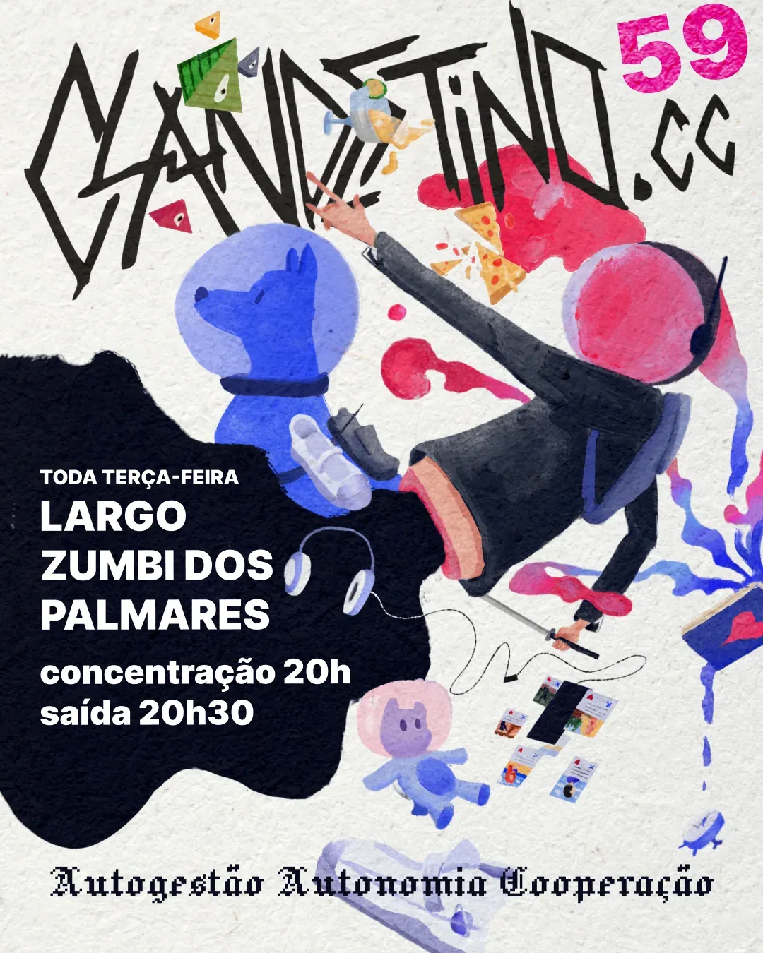 Cover 59: an astronaut and a rabbit tumbling past the hand-drawn Clandestino.cc logo.