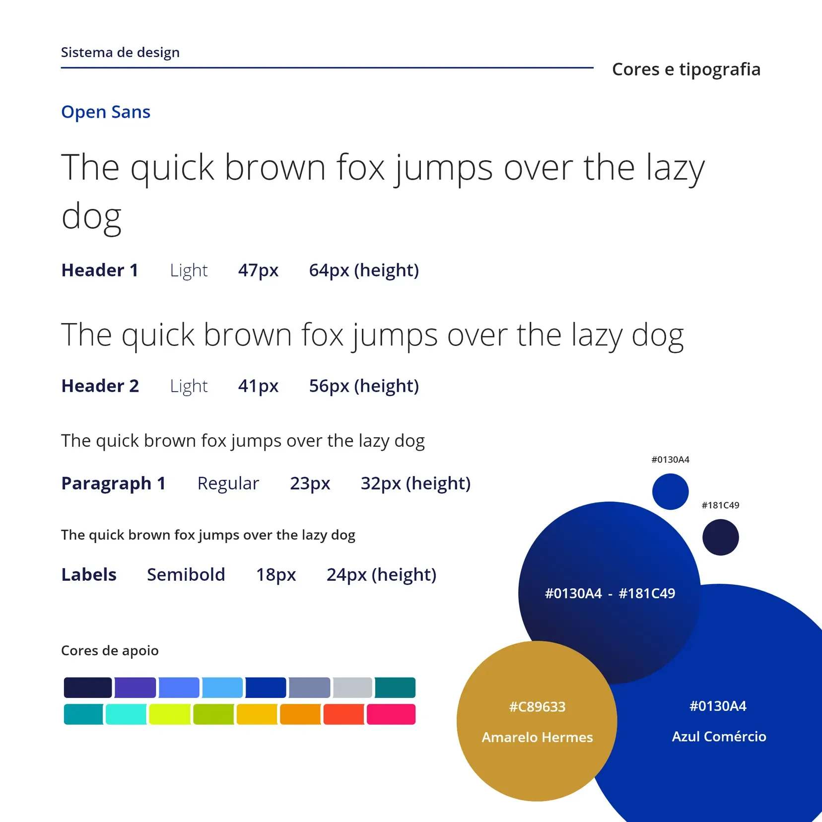 A design-system page: the Open Sans type scale and the blue and gold palette.
