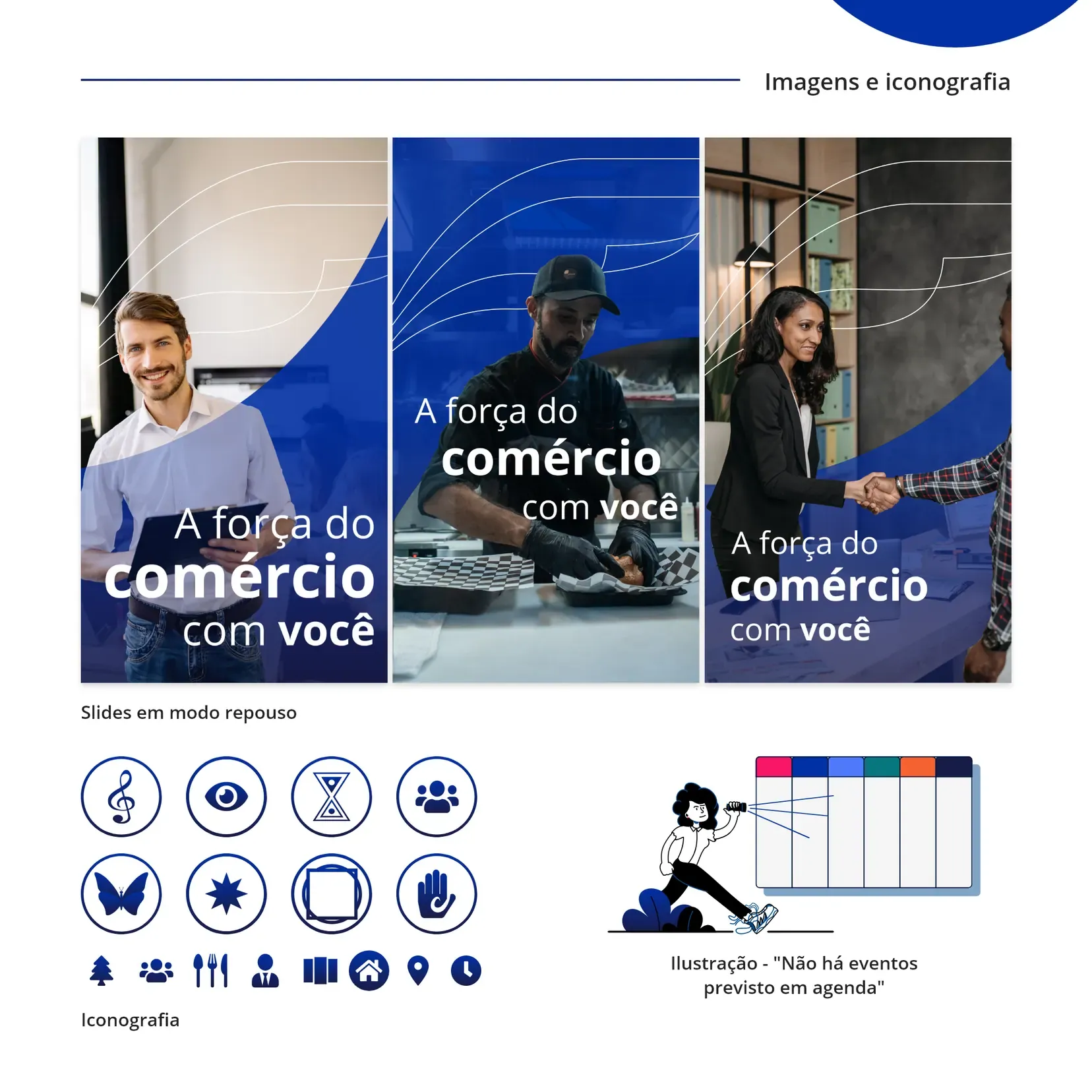 An imagery and iconography page: three campaign slides, the icon set, and the empty-agenda illustration.