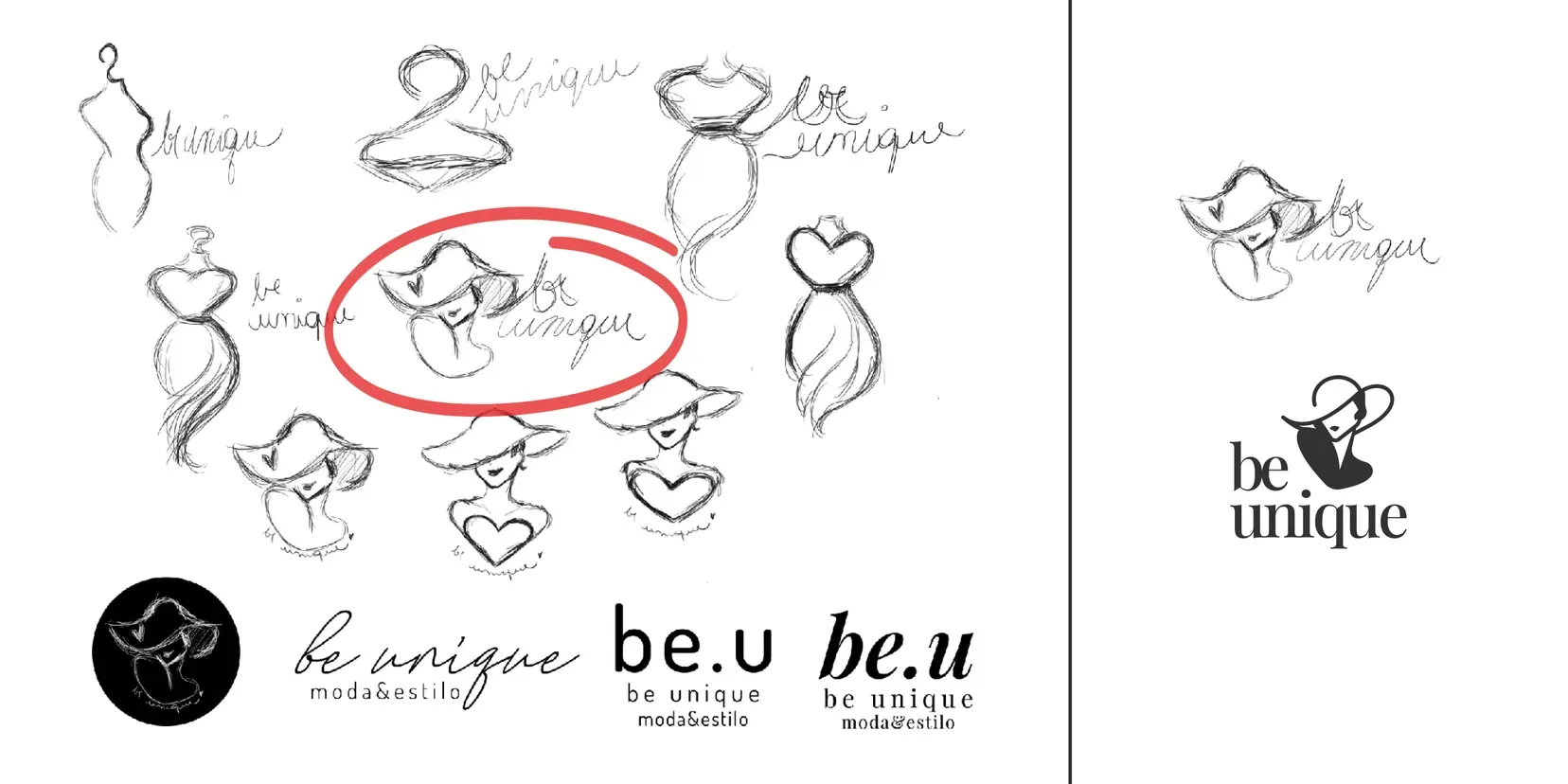 Pencil explorations of the mark, with the chosen direction circled in red.
