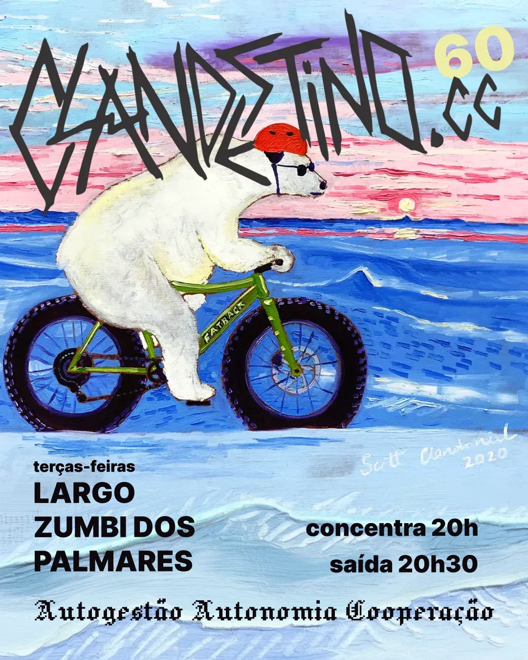 Cover 60: a polar bear riding a green bike along a beach.