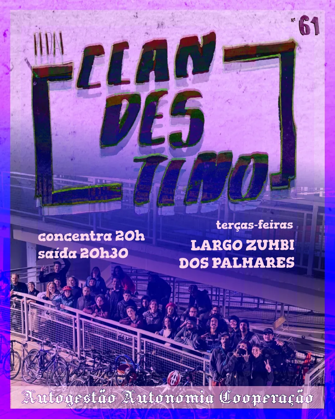 Cover 61: “Clan Des Tino” in blocky type over a purple-tinted crowd of riders.
