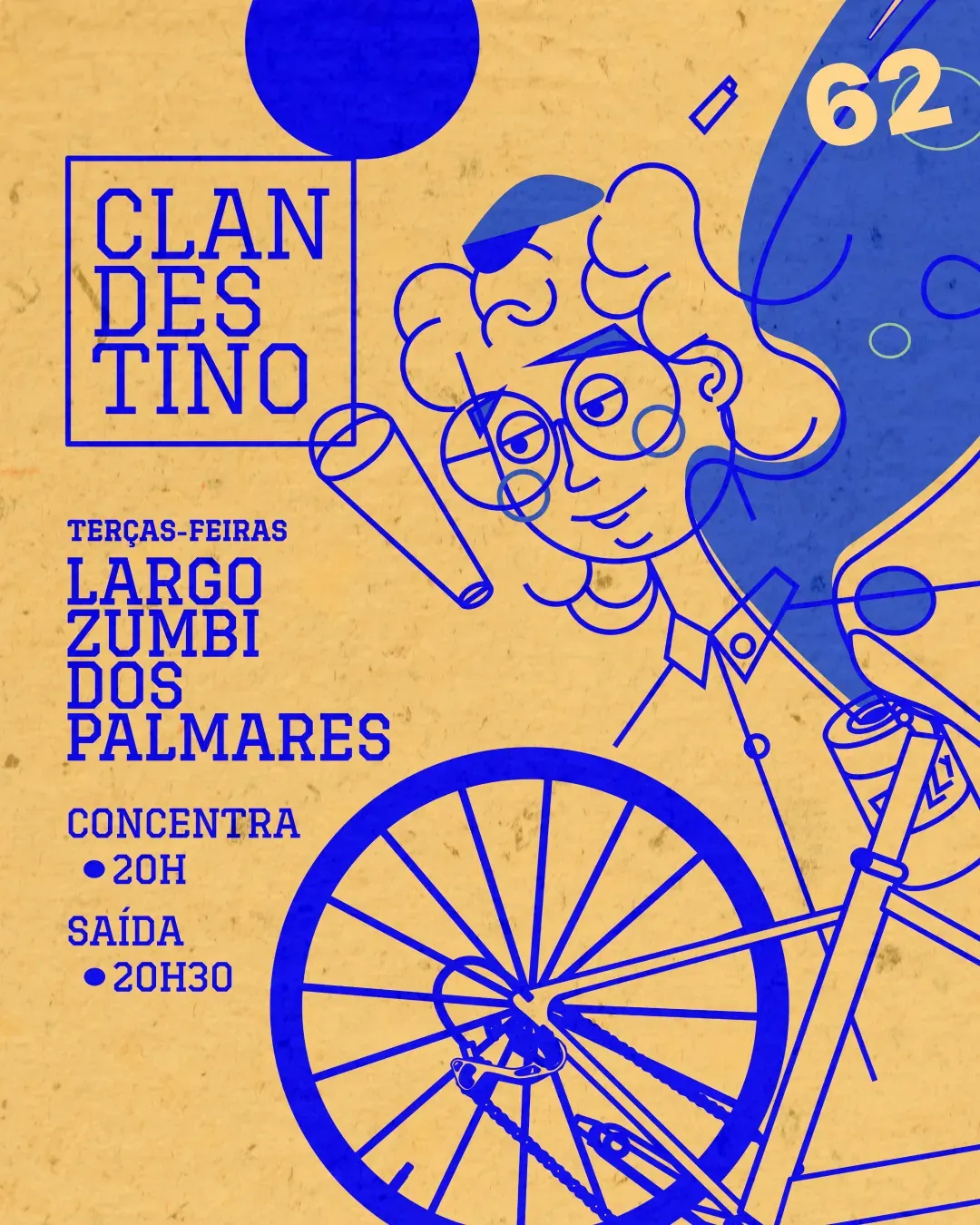 Cover 62: a line-drawn rider and a large blue wheel on yellow.