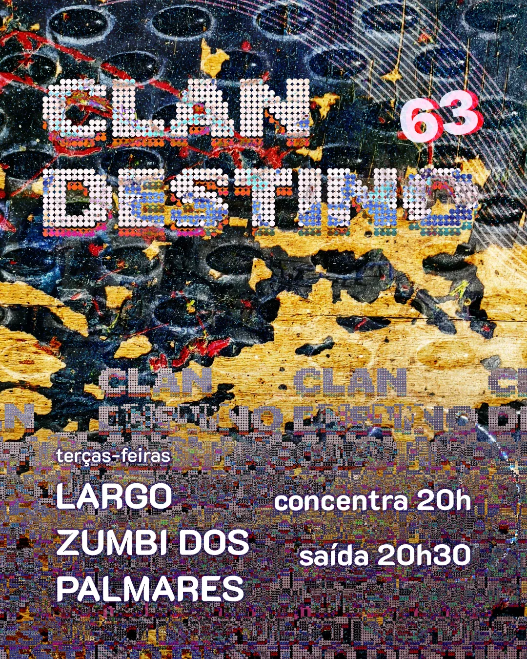 Cover 63: “Clan Destino” in dotted type over a yellow and blue night photograph.