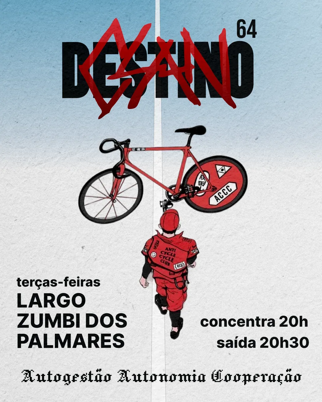 Cover 64: a red track bike above a rider in red, with “Destino” scrawled over in red.