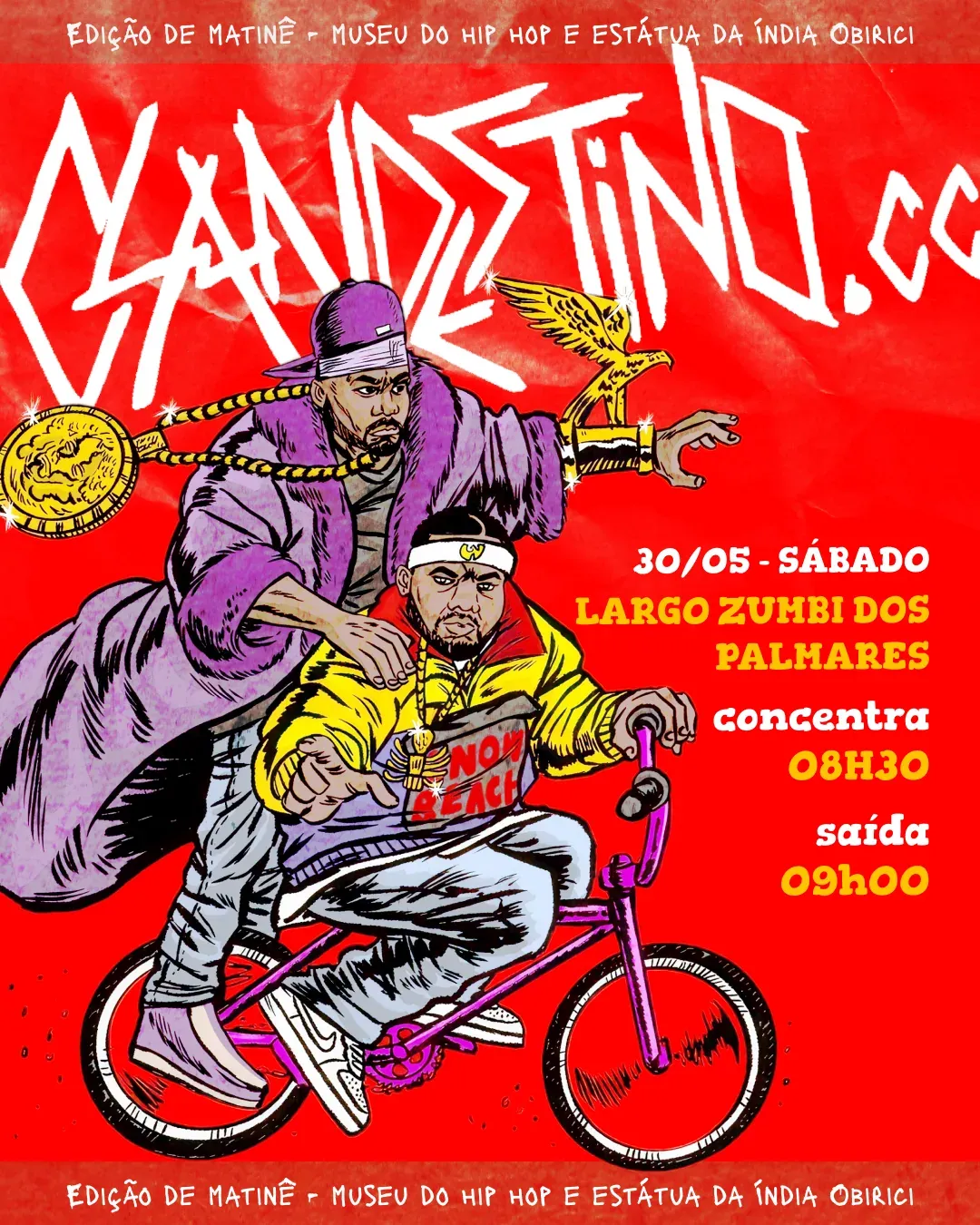 Cover: a hip-hop matinee poster, two riders in yellow and purple on a red bike.