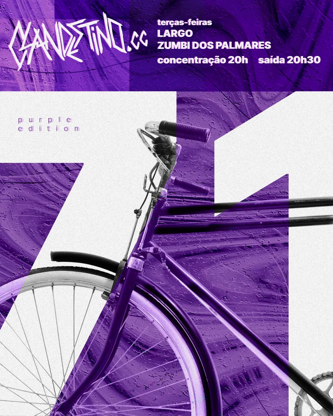 Cover 71, the purple edition: a giant 71 behind a purple bicycle.