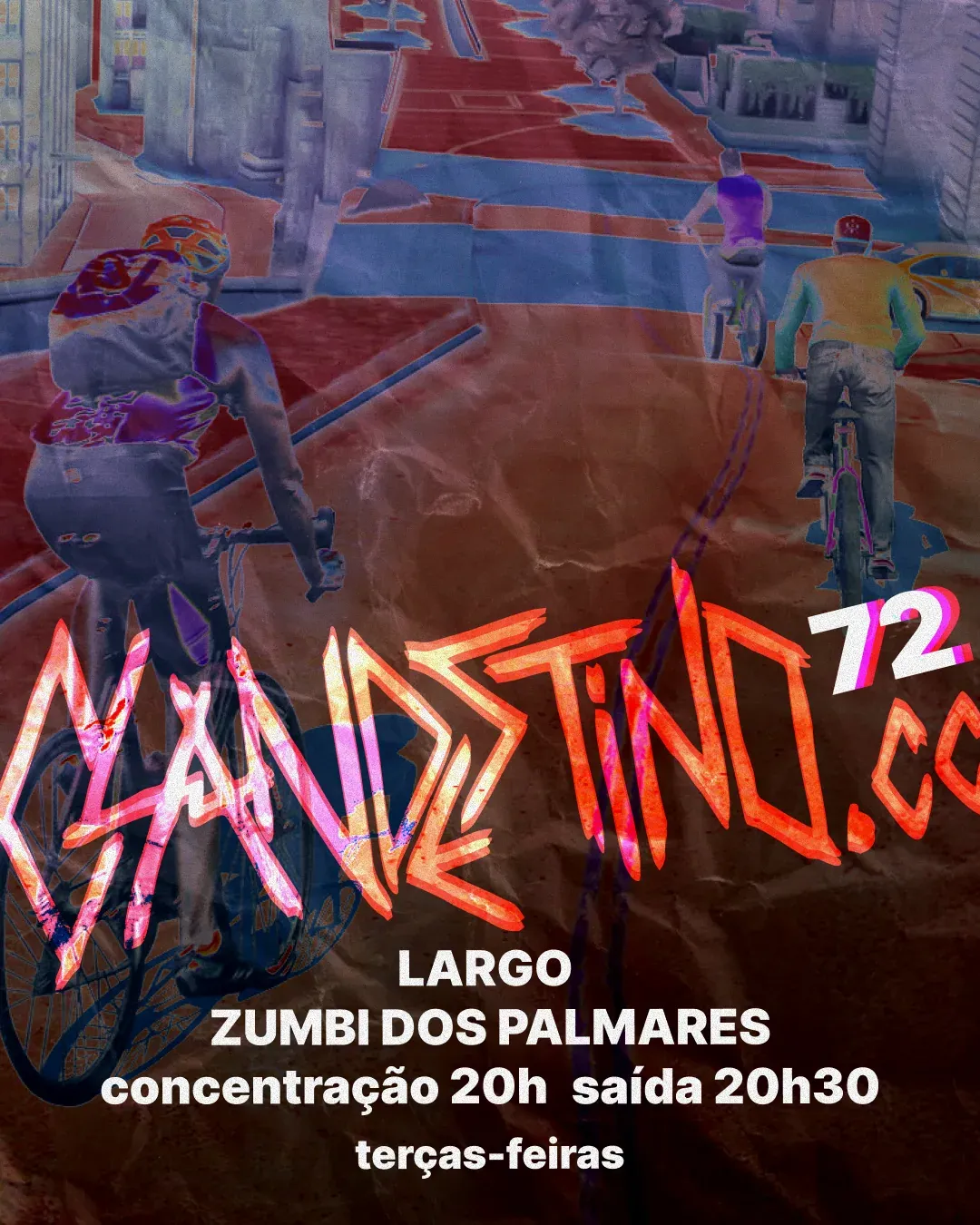 Cover 72: chrome Clandestino lettering over riders blurred in red and blue.