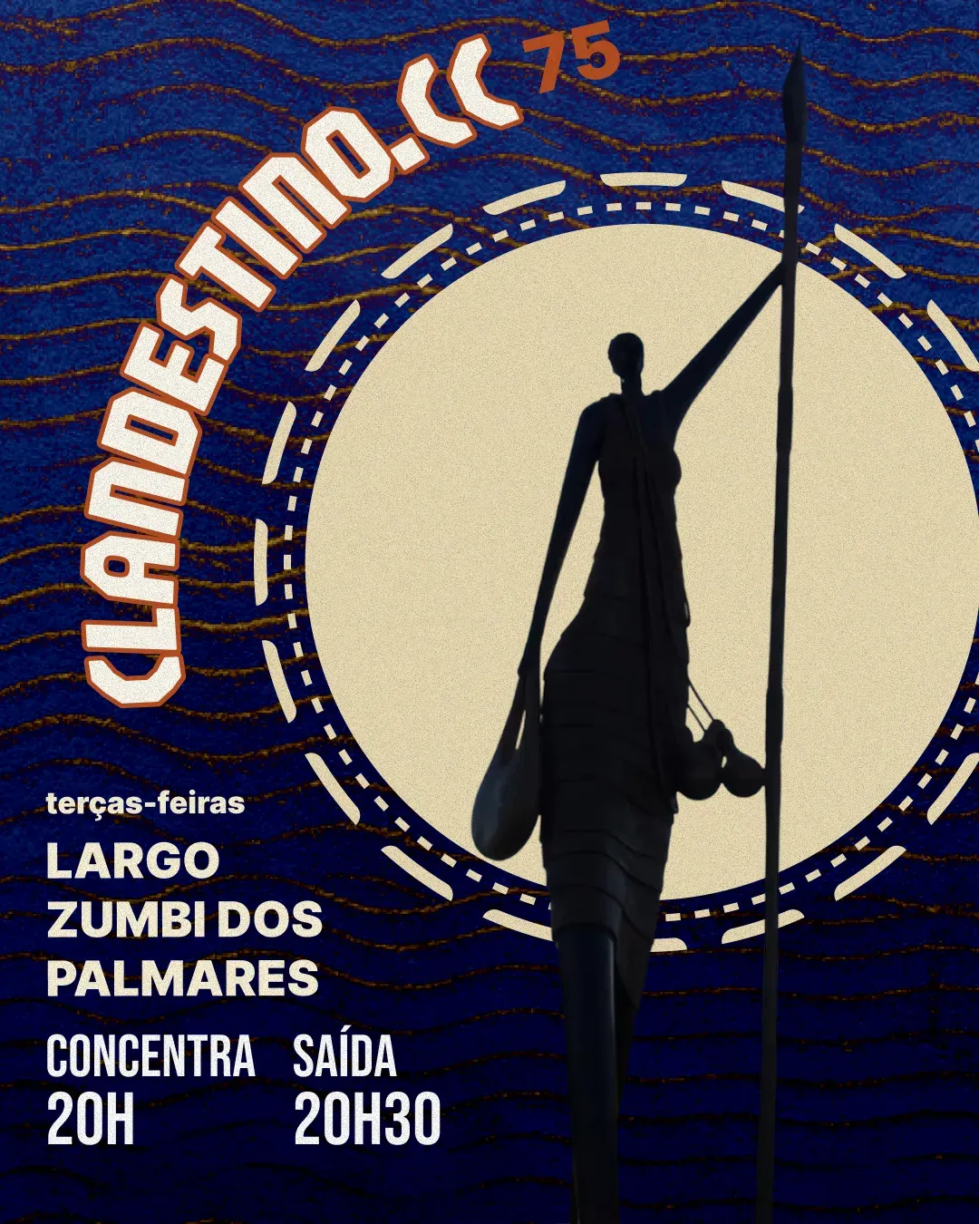 Cover 75: a statue in silhouette against a pale moon, on navy.