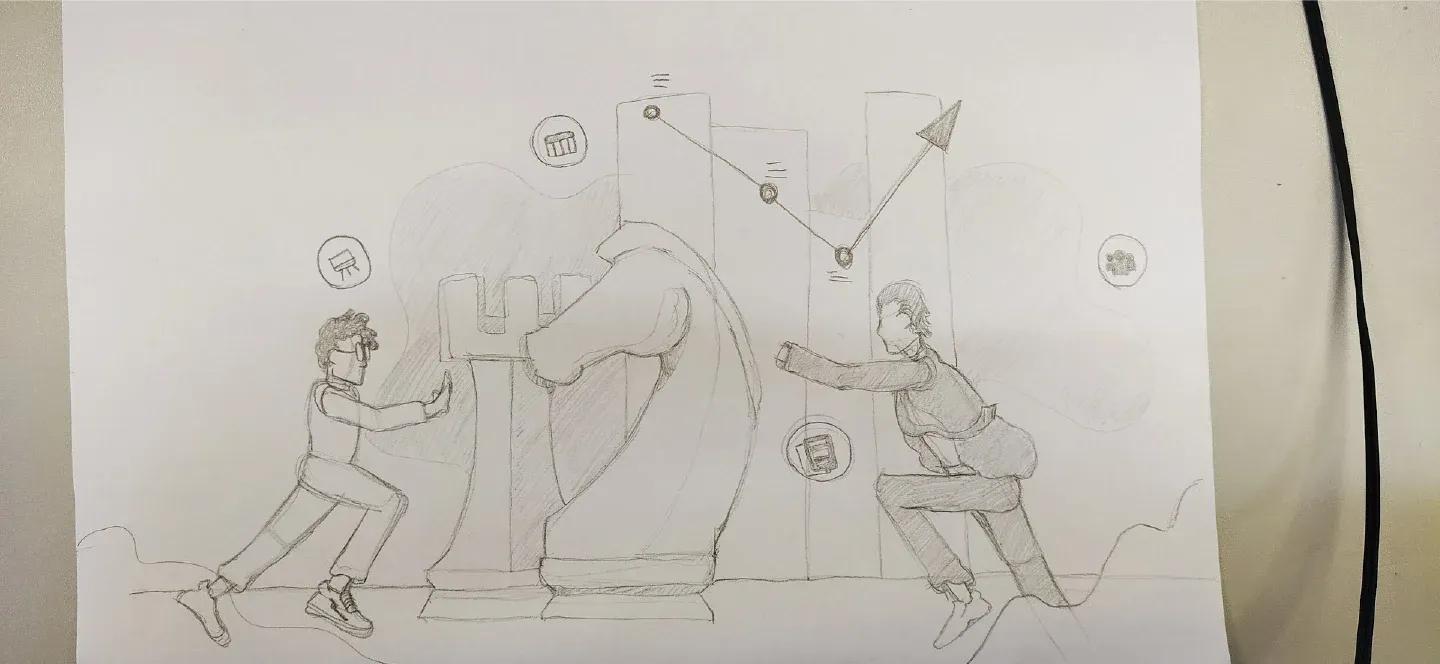 A pencil sketch of two figures pushing a giant chess knight.