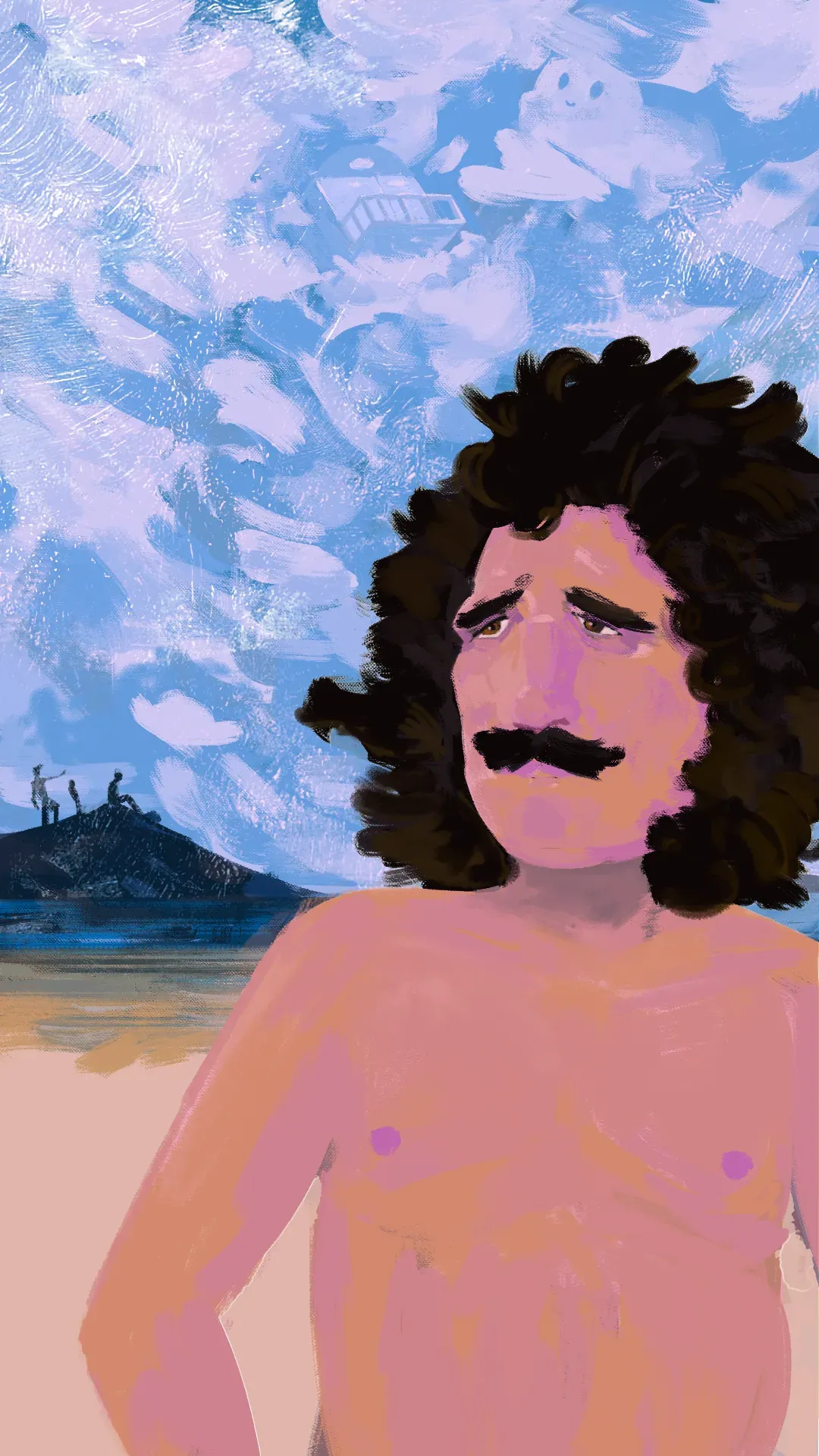 A shirtless man with curly hair and a moustache on a beach.