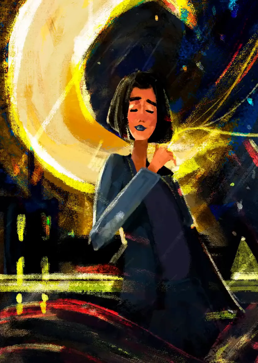 A woman with a dark bob before a golden crescent moon at night.