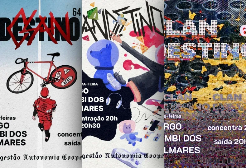 Three cycling-club event posters in a row, layered type over collaged photography.