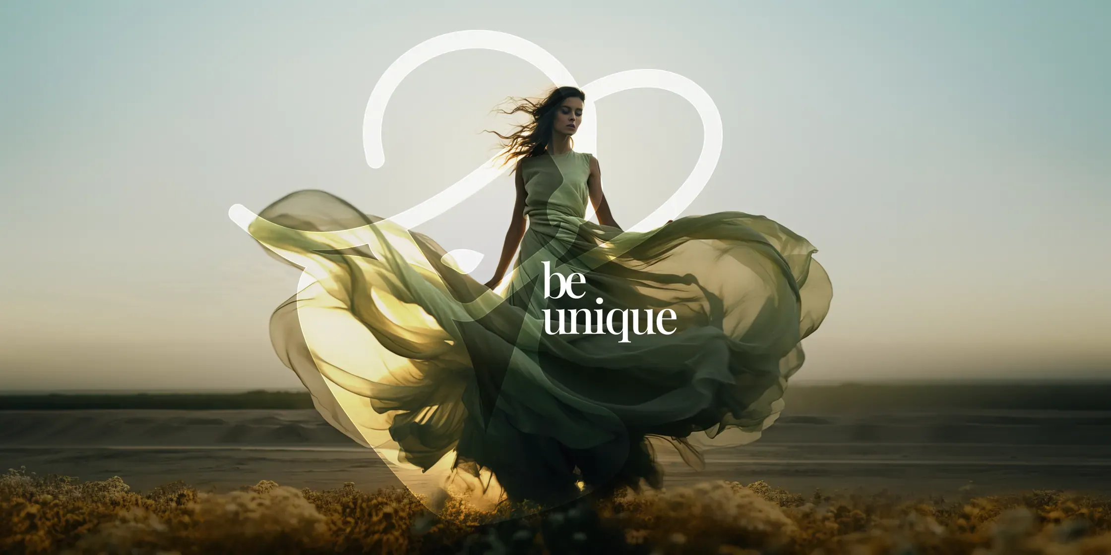 A model in a flowing green dress, the Be Unique mark overlaid in white.