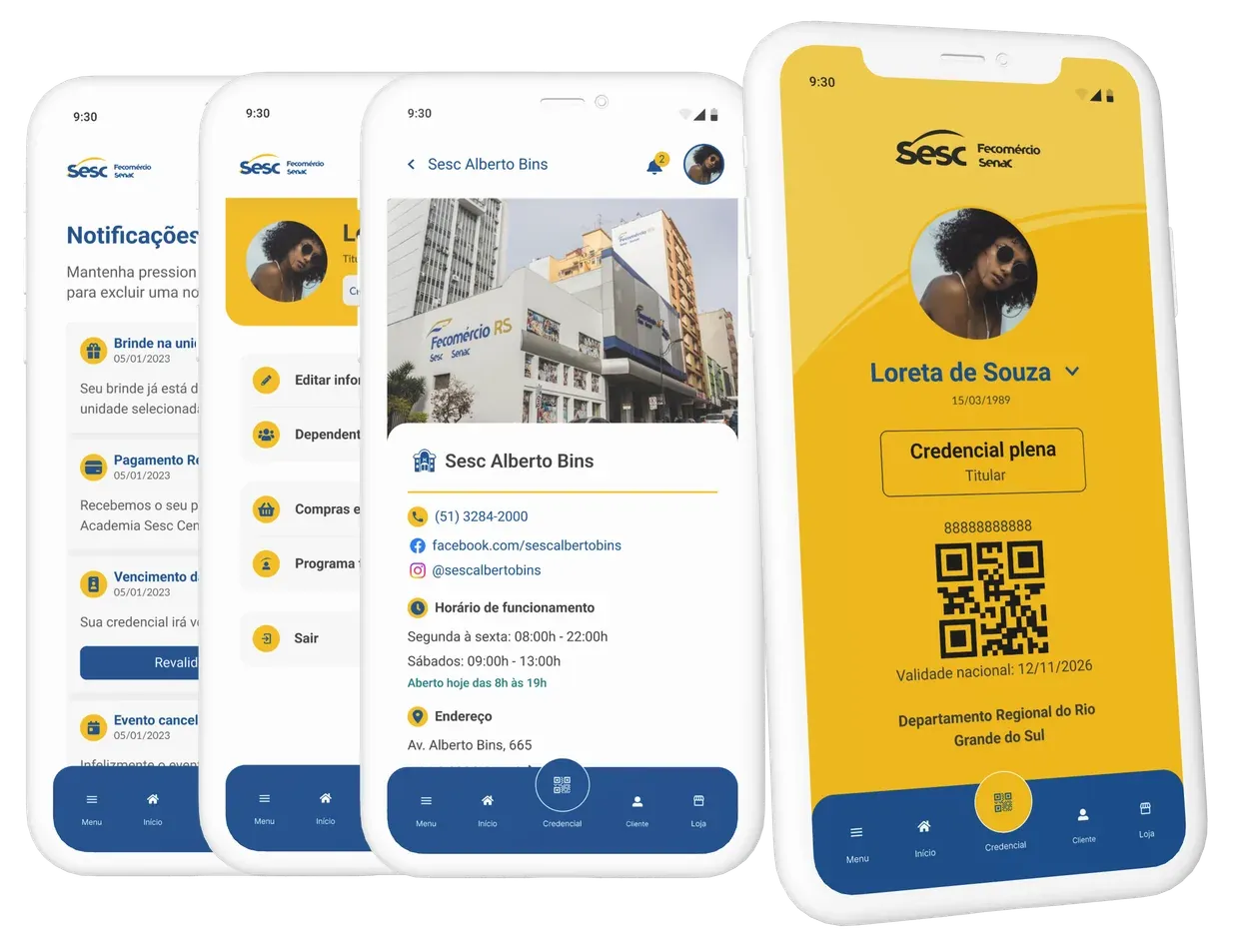 Four screens of the credential app: notifications, the home menu, a unit’s details, and the digital credential with its QR code.