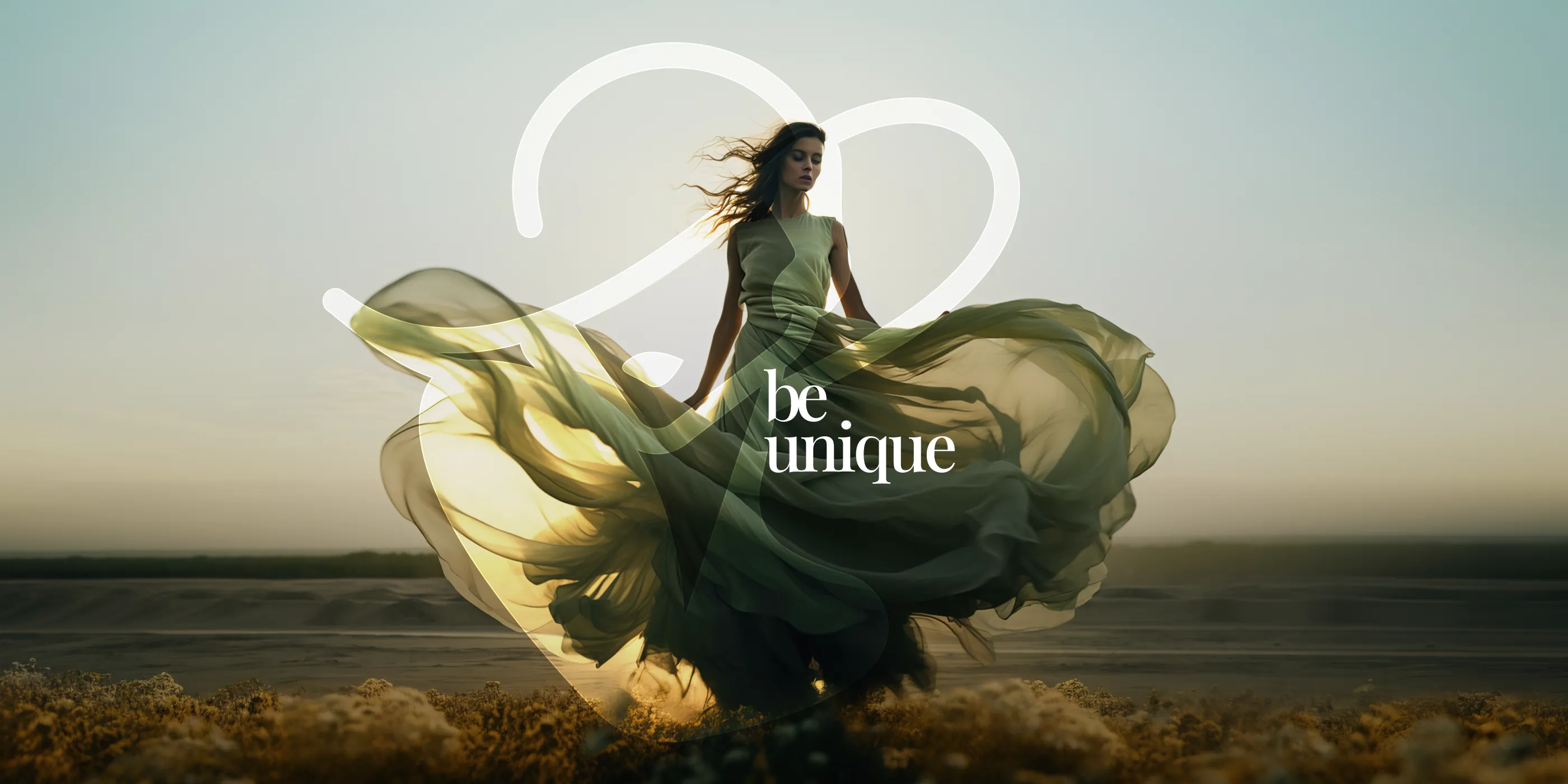 A woman in a flowing green gown on a hillside, with the “be unique” wordmark overlaid.
