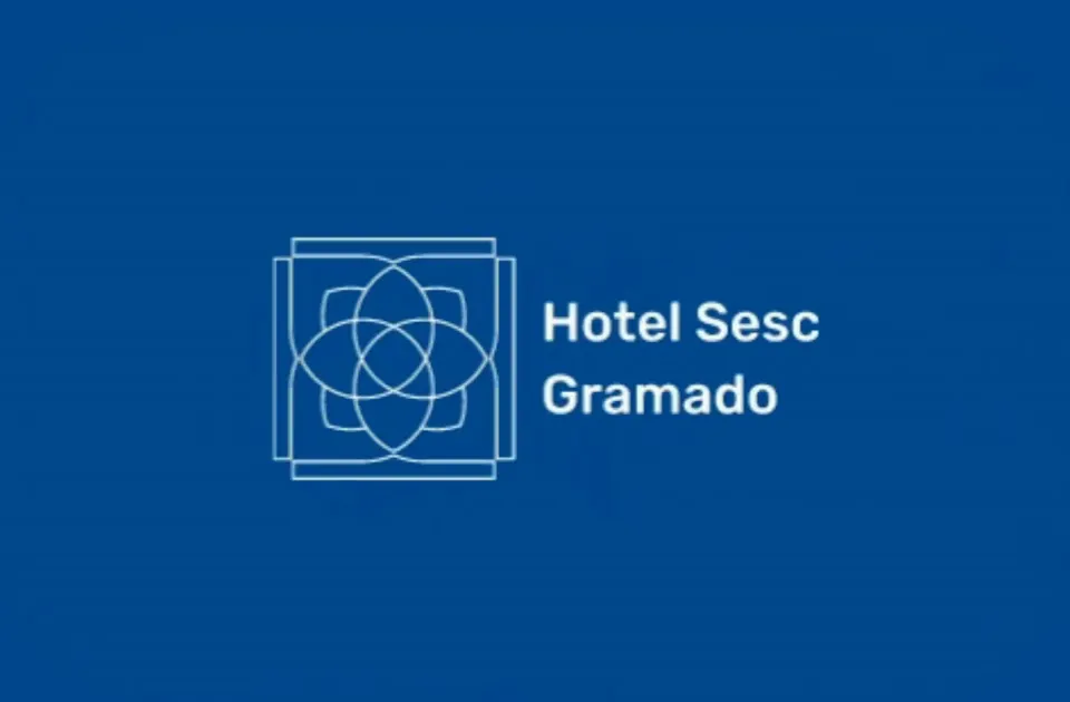 The Hotel Sesc Gramado logo assembling: overlapping petal outlines turning inside a square frame, with the hotel name settling beside them.