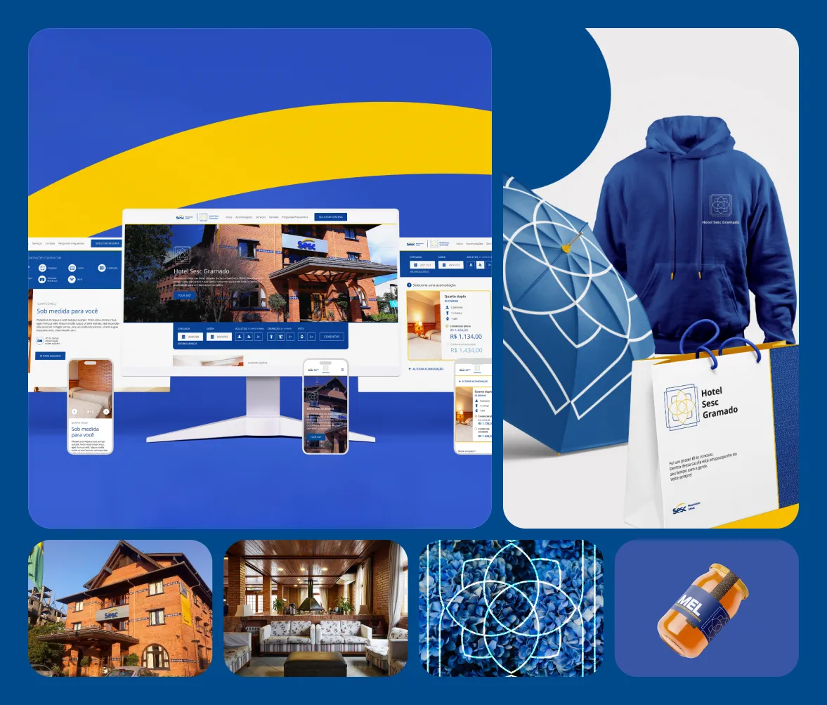 The Sesc hotels site shown across desktop and mobile, beside branded merchandise — a hoodie, umbrella, tote and honey jar.