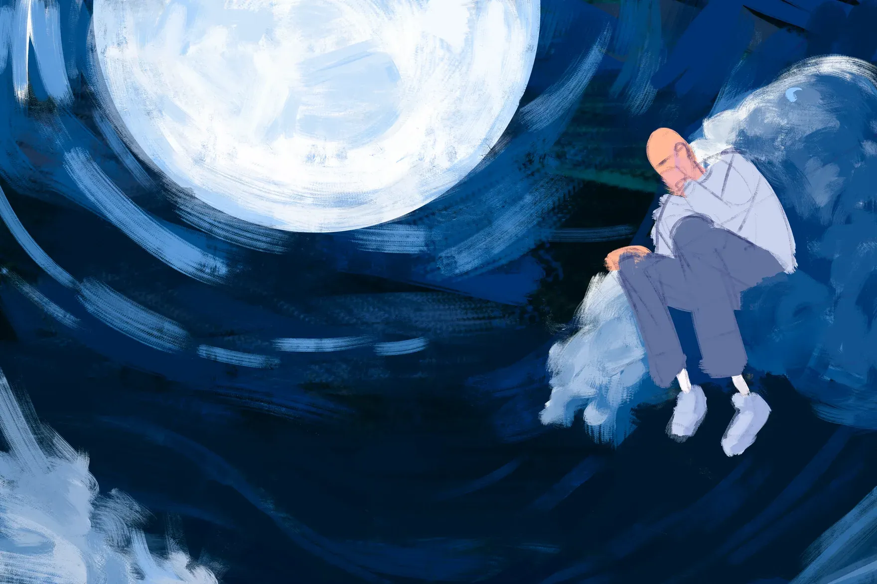 A figure sitting on a cloud beside a huge full moon, in swirling blues.