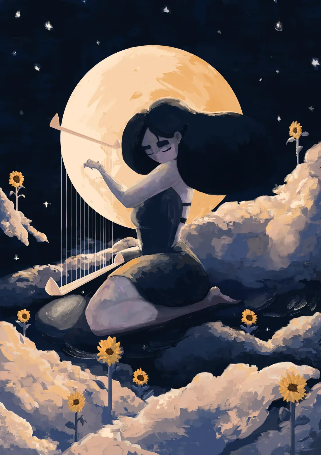 A woman in a black dress on the clouds with a harp, under the moon among sunflowers.