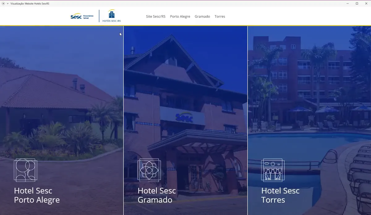 A walkthrough of the finished network home page: the three hotels — Porto Alegre, Gramado and Torres — each a photographic card carrying its own mark.