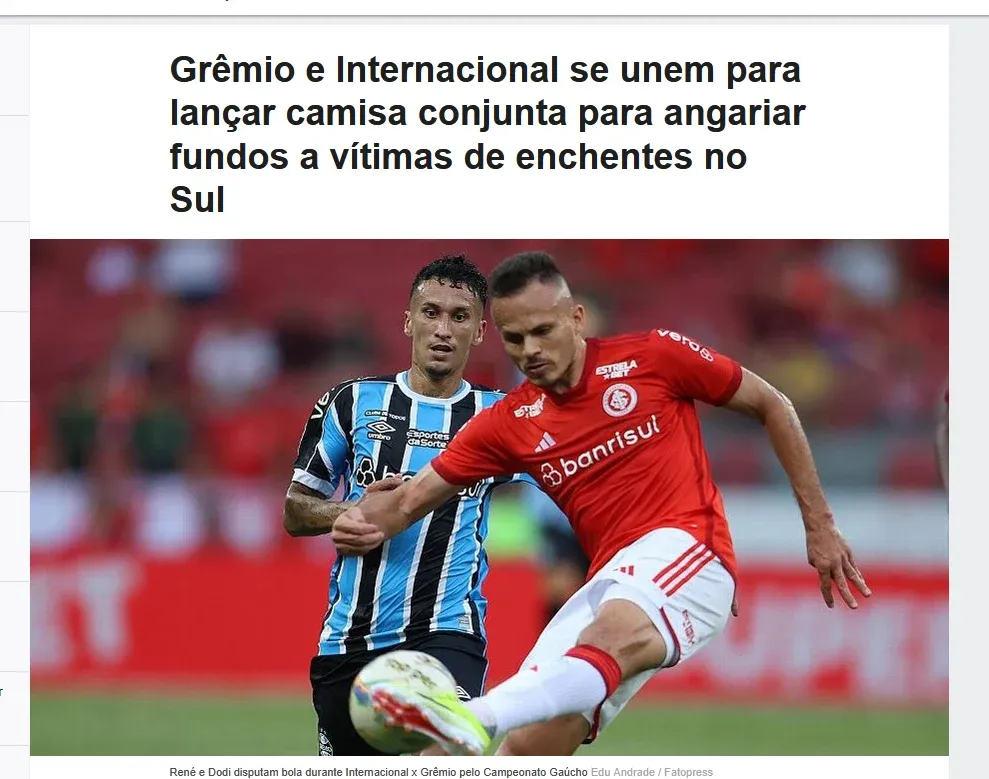 An ESPN article on the joint shirt for flood victims in the south, with a photo of a Grenal match.