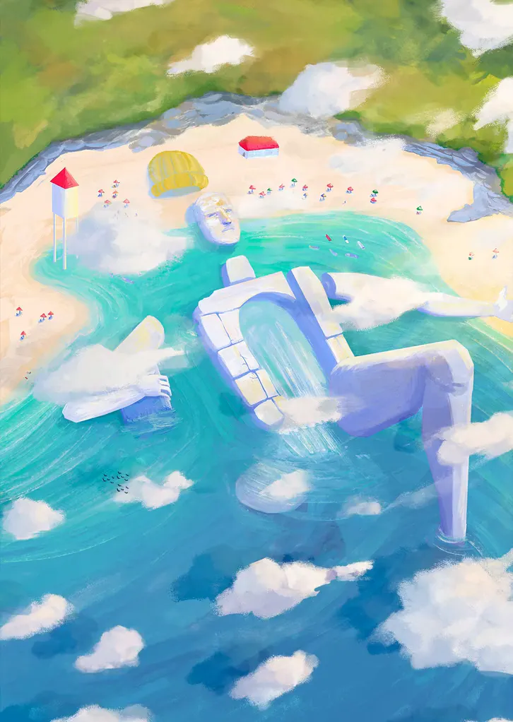 A giant figure lying in turquoise shallows off a beach, seen from above.