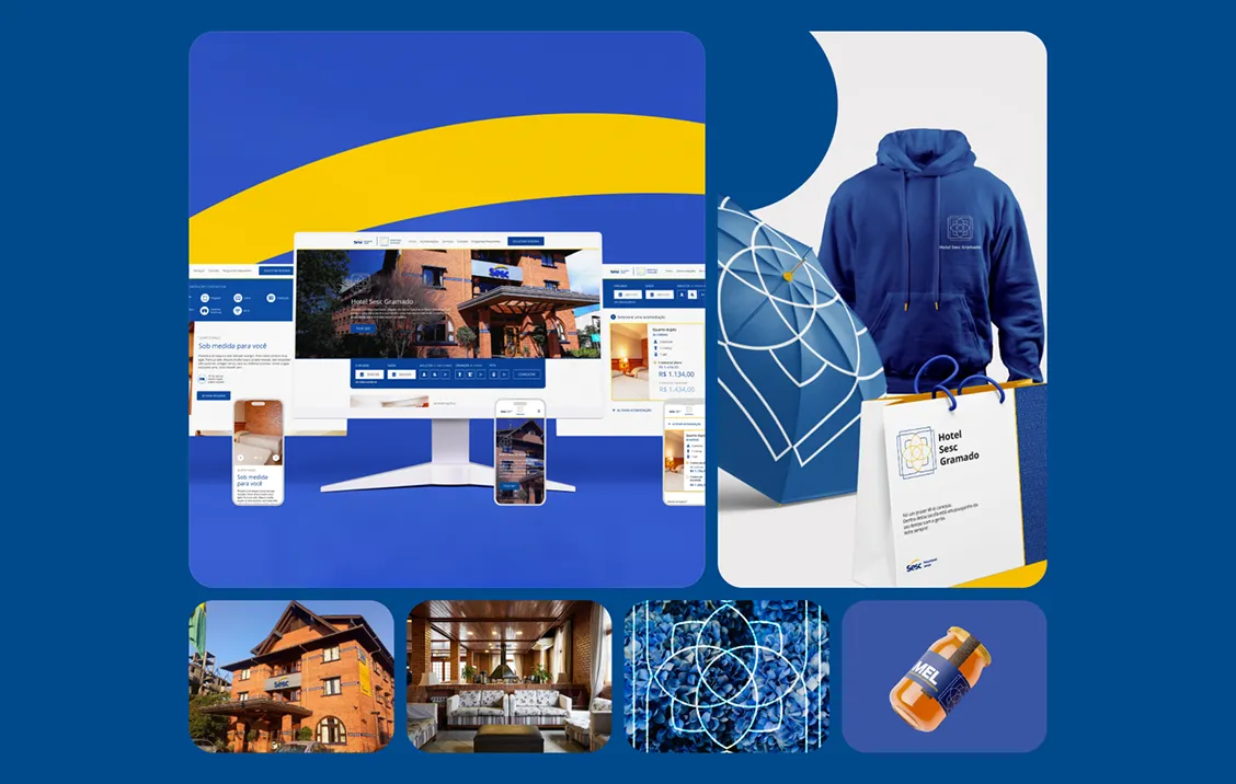 The hotel booking site on desktop and mobile, alongside branded merchandise and hotel photography.