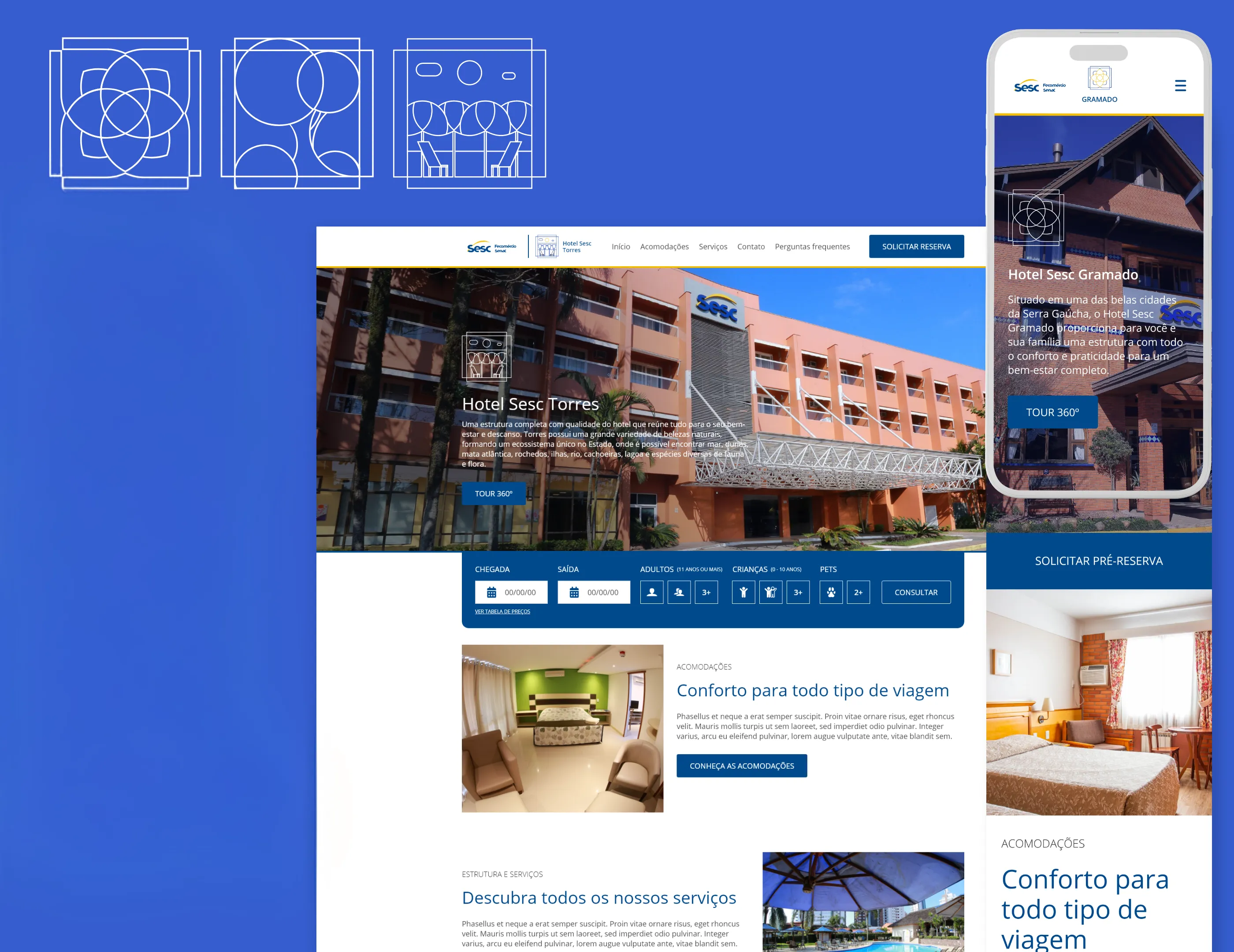 The finished Gramado site on desktop and mobile, with its logo studies.