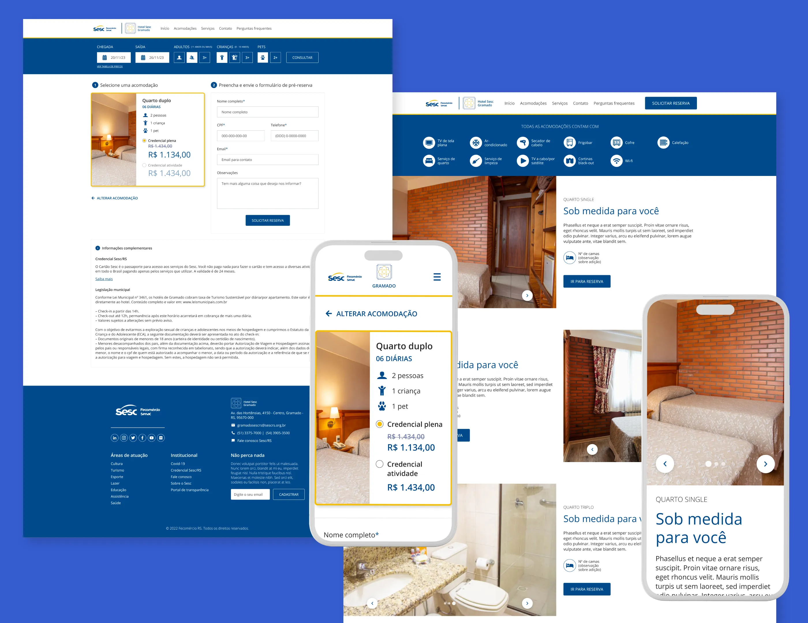 Accommodation and rate screens from the prototype, shown on desktop and mobile.