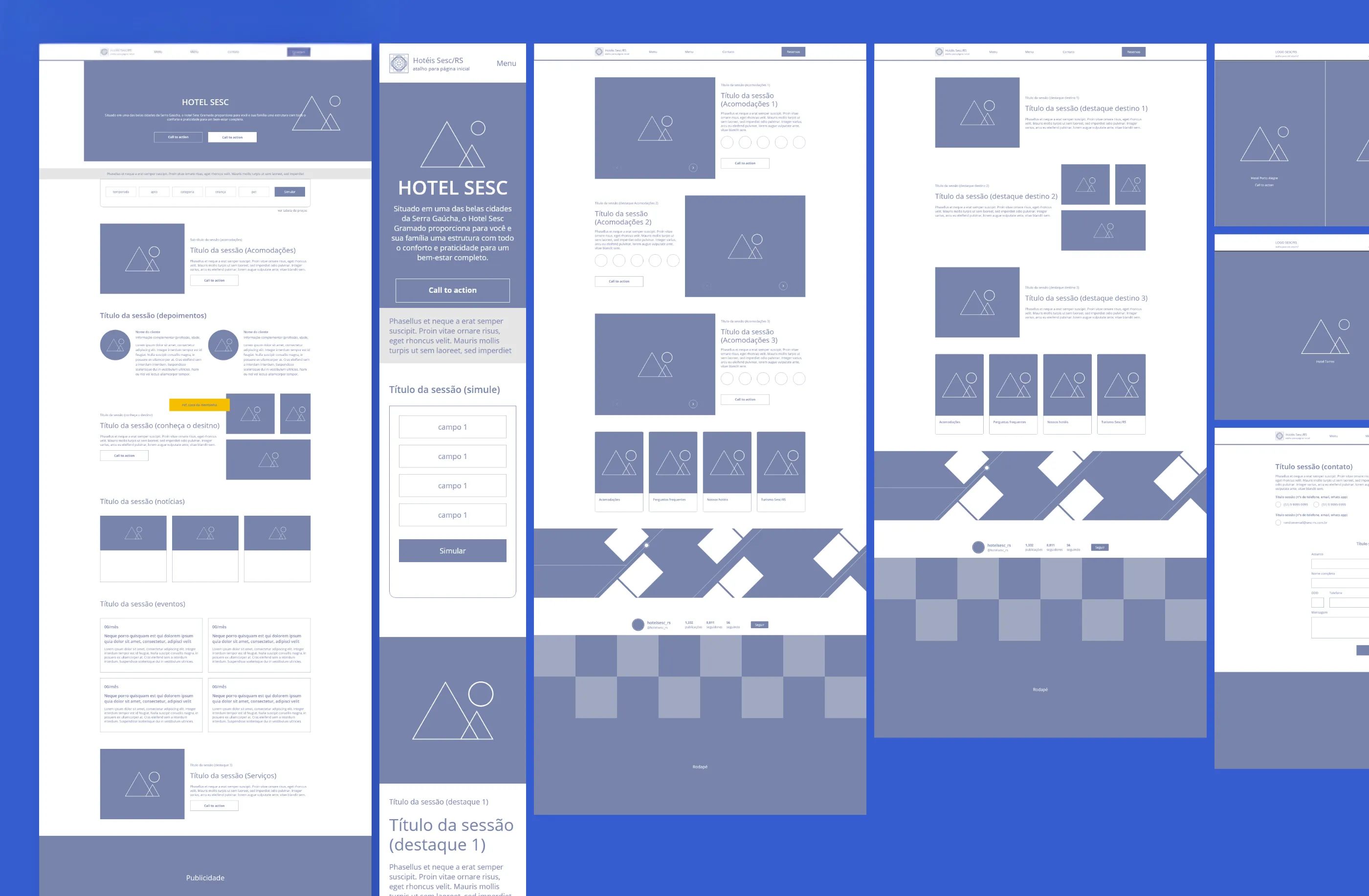 Low-fidelity wireframes for the hotel site, laid out across desktop and mobile screens.