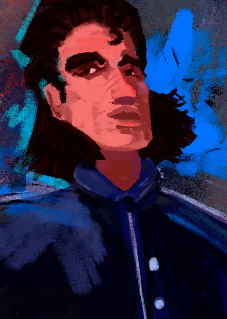 A man with long dark hair in a high-collared coat, in deep blues.