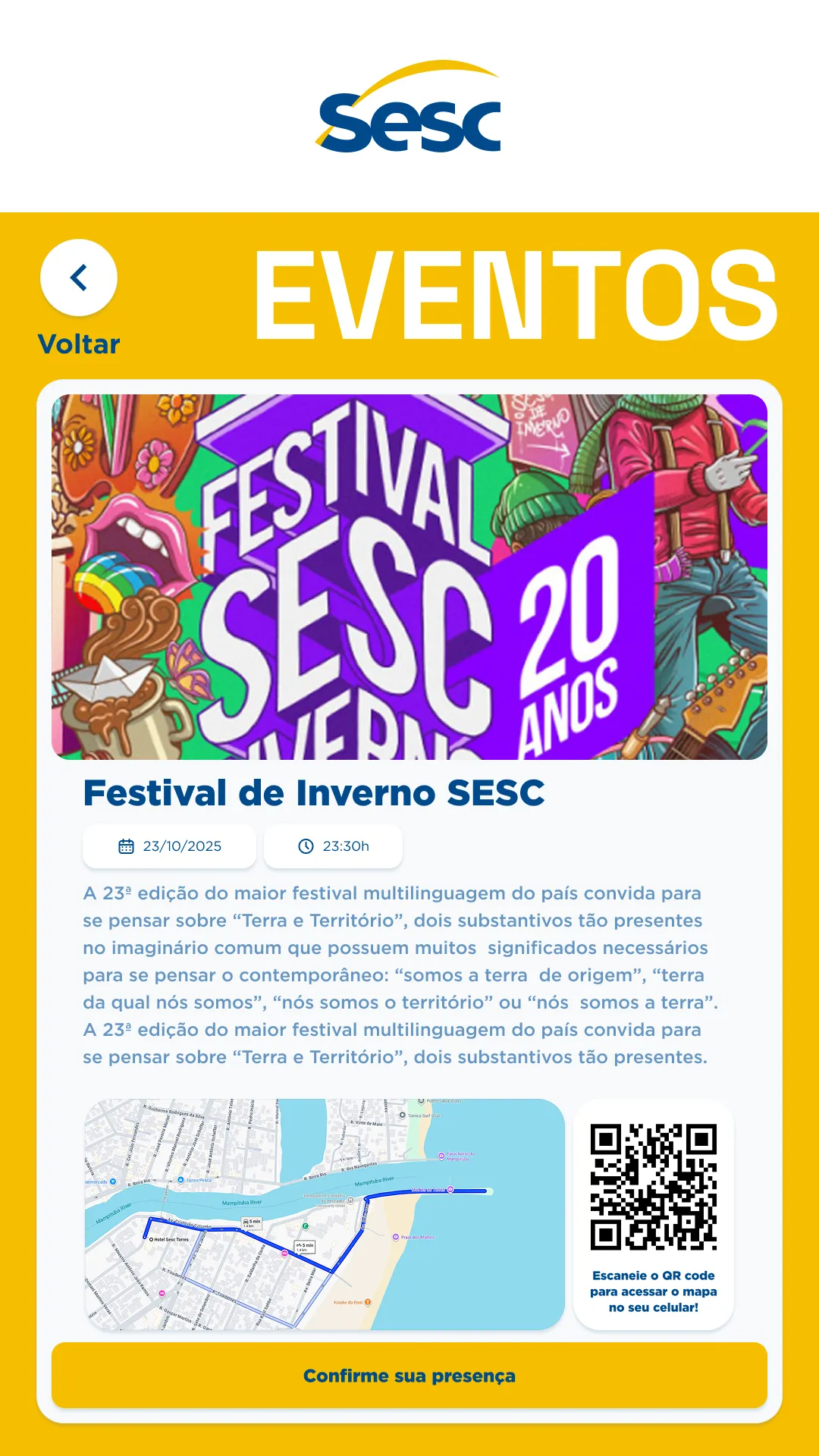 The events screen, featuring the Sesc winter festival with a map and a QR code.