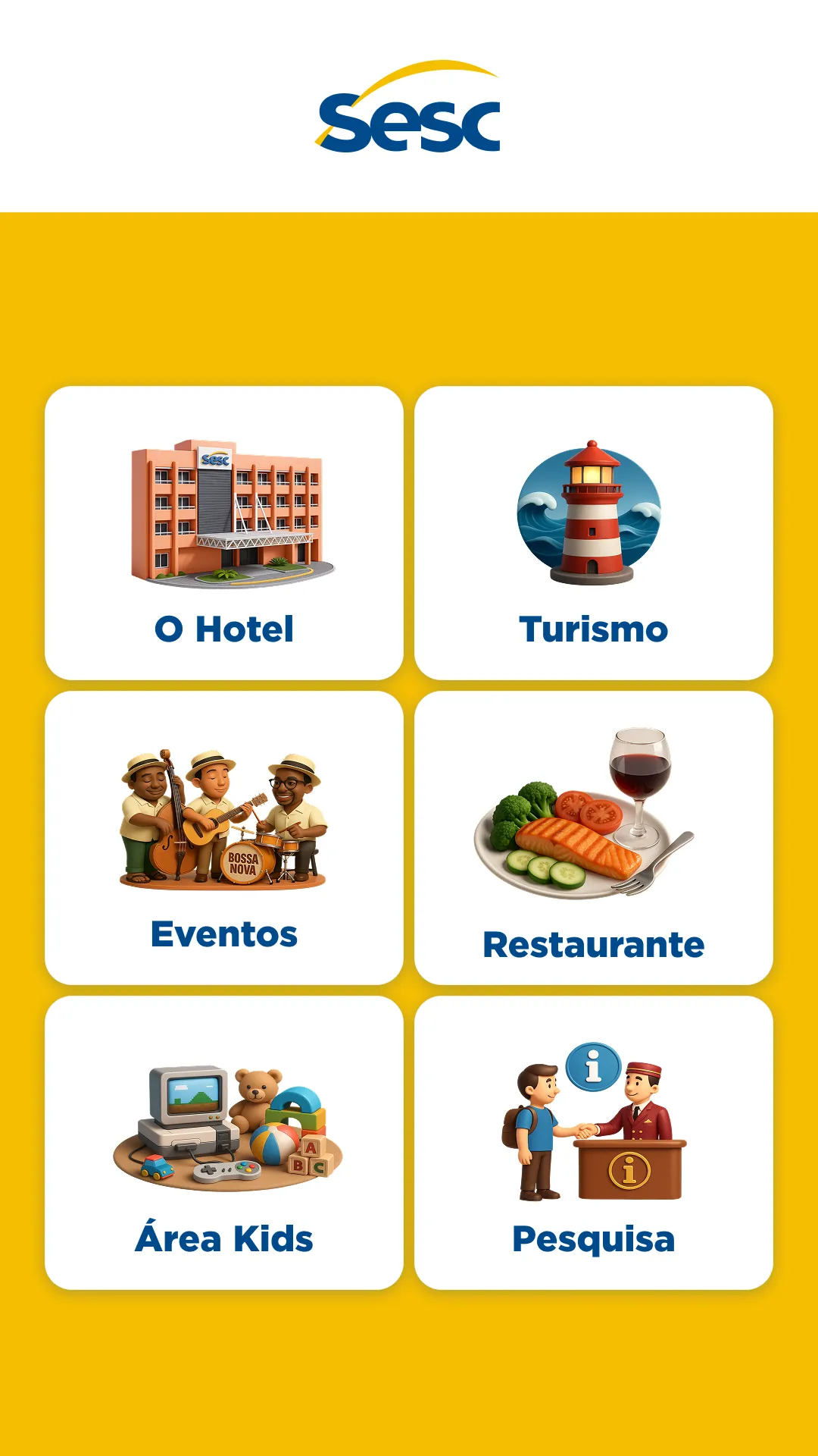 The totem home screen in its floor-standing frame: six illustrated choices — the hotel, tourism, events, restaurant, a kids area, and a survey.