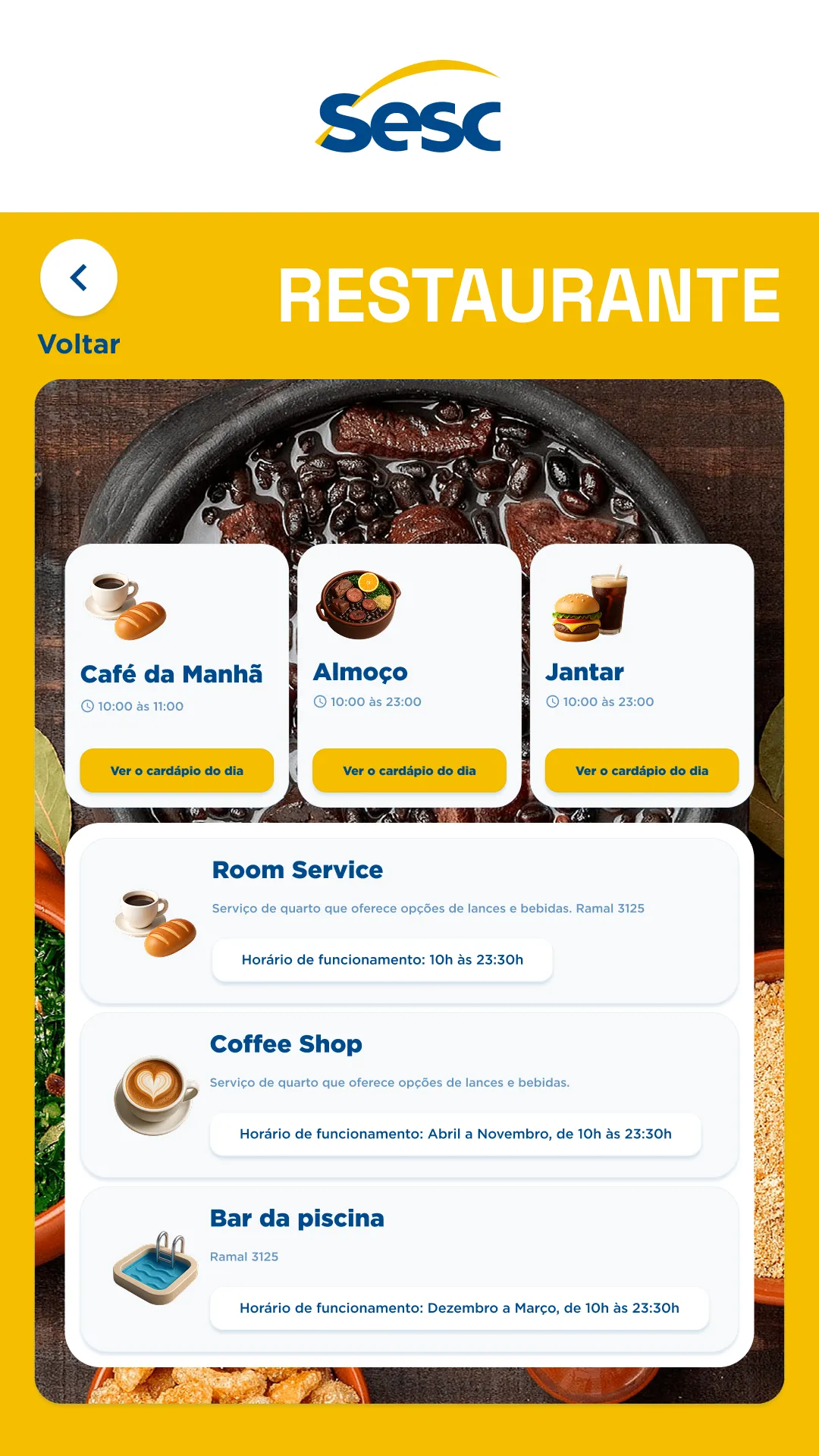 The restaurant screen: breakfast, lunch and dinner, then room service, the coffee shop and the pool bar.